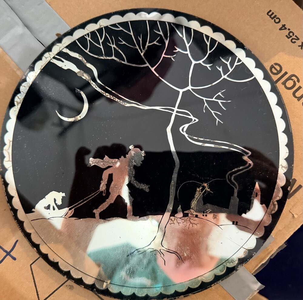Vintage Westmoreland Hand Painted Black Glass Plate Boy With Rake and Dog